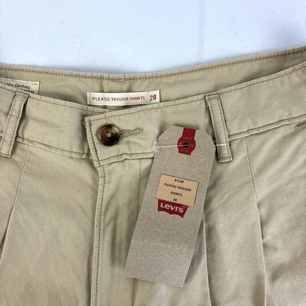 Levi's Premium Pleated Trouser Shorts Size 28 Khaki Tan High Rise‎ NWT Irregular